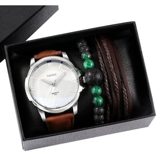 Mens Bracelet Adjustable Elastic Bracelet Quartz Brown Fashion Watch Leather Band Man Watches Hand Chain Gifts Set with Box
