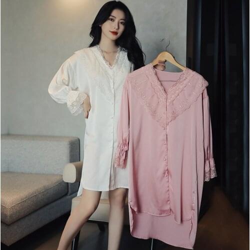 2021 New Lace Patchwork Nightshirt Women Sleep Dress Satin Nightgown Loose Sleepwear Home Dressing Gown Sexy Lounge Wear