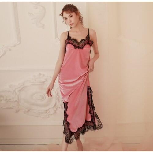 New Sexy nightdress long sleepwear homewear female sloth gold velvet comfortable deep V lace strap dress split fork 5 colors