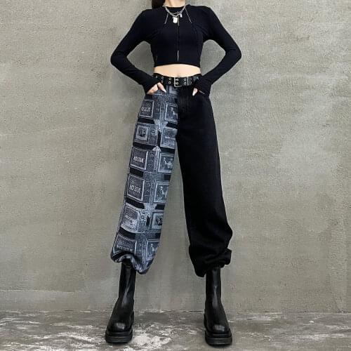 High Waist Straight Jeans Women Casual Long Trouses Streetwear Patchwork Denim Pants
