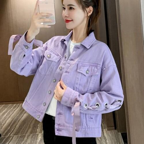 2021 Fashion Korean Version Fmelae Turn Collar Short Denim Jacket Loose Women Coat Female Oversize Autumn New Lace Up Bowknot