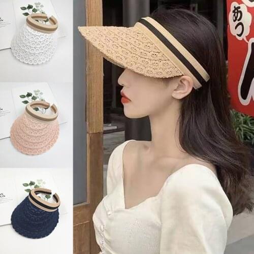 New Summer Lace Straw Hat Fashion Visor Hat Women Outdoor Empty Top Sun Cap Girls Wide Large Beach UV Protection Adjustable Hat
