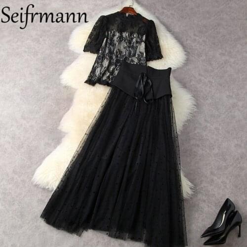 Seifrmann New 2021 Summer Women Fashion Runway Skirts Set Short Sleeve Loose Lace Tops + High Waist Bow Mesh A-Line Skirts Suits
