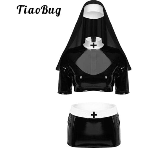TiaoBug Women Sexy Cosplay Naughty Nun Halloween Roleplay Party Outfit Half Sleeves Crop Top with Mini Skirt and Headpiece Set