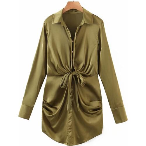 YENKYE New Fashion Women Front Knot Ruched Satin Shirt Dress Female Vintage Solid Streetwear Summer Short Vestido