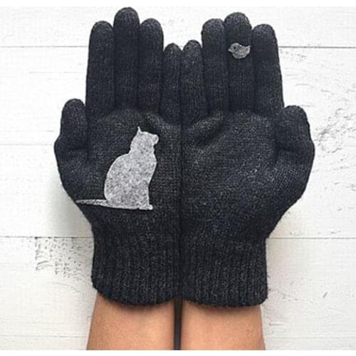 Winter Warm Cold Cashmere Gloves Thick Cartoon Cat Print Wool Knitted Full Finger Gloves Men Fashion Gloves Women Gloves