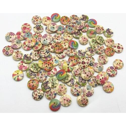 1000pcs 15mm Natural Round Buttons 2 Holes Wood Flowers Printed Button Sewing Accessories Crafts Scrapbooking