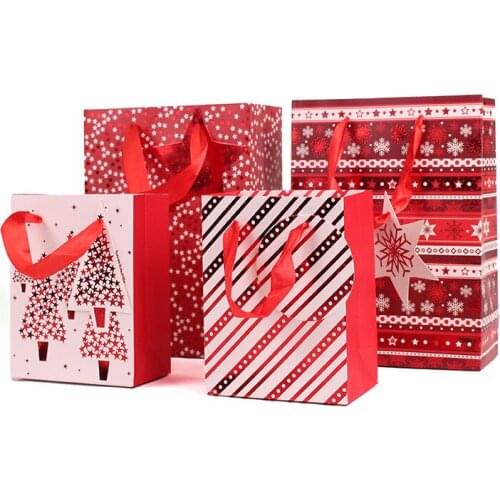 12PCS/lot 3 Size Red Color Paper Bags With Handles And Tags For Wedding Christmas Festival Gift Packaging Shopping Bags