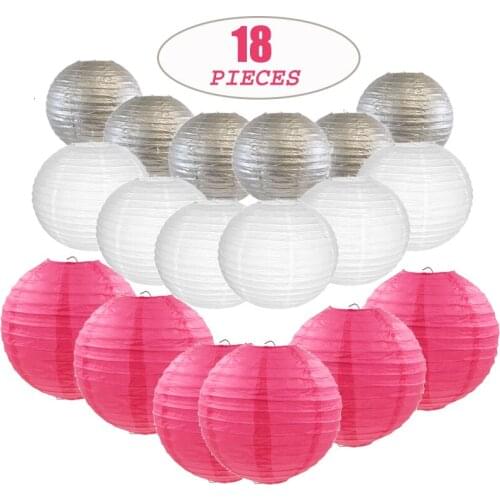 18 pcs 8"-12" White Rose Silver Paper Lantern Chinese Japanese Assorted Color Sizes lampion for Wedding Party Hanging Decor