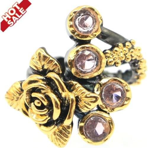27x25mm Neo-Gothic Flowers Vintage Created Pink Kunzite For Women Black Gold Silver Rings Punk Eye Catching