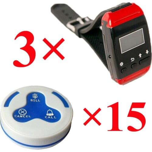 Wireless waiter serice calling system for restaurant with 433.92Mhz CE 3 wrist watch + 15 customer call button