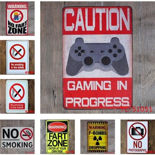 Vintage Metal Poster of Caution Gaming In Progress Warning No Fart Zone No Smoking F-bombs Dropping Gamer Room Bar Decoration