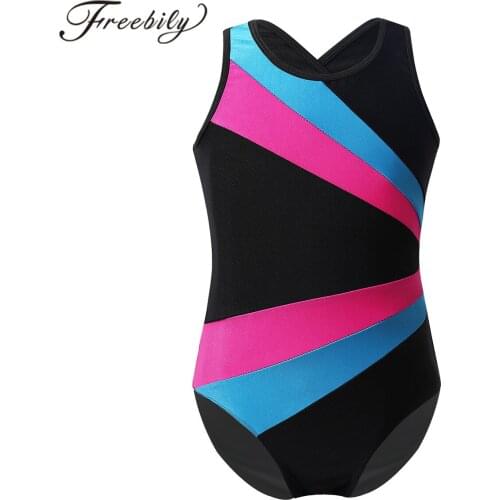 Girls Gymnastics Leotard Sleeveless Color Block Flower Petal Shaped Back Kids Ballet Dance Gymnastics Leotard Jumpsuit One-Piece