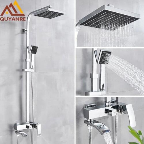 Quyanre Chrome Bath Shower Faucet Rain Waterfall Shower Wall Mounted Shower System Hot Cold Water Bathtub Shower Mixer Taps