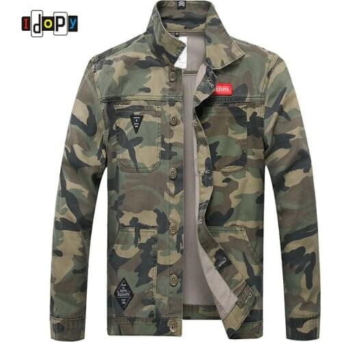 Idopy Men Camouflage Denim Jacket Slim Fit Camouflage Jean Trucker Outerwear Size S-5XL Turn Down Collar Coat