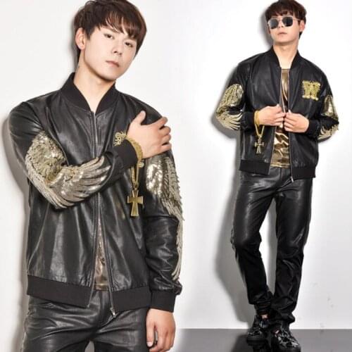 Personality clothes men suits designs stage costumes for singers leather jacket men blazer dance star style Sequin wings dress