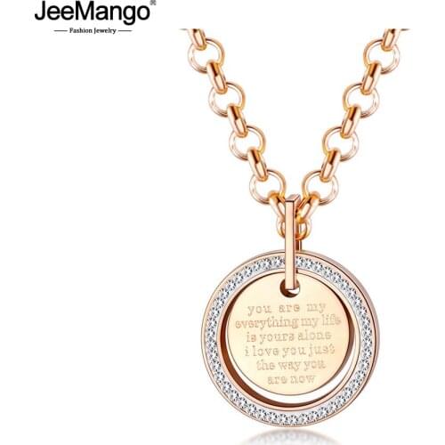 JeeMango Classic Letter Geometry Round Card Pendant Necklace Stainless Steel Love You Forever Choker Necklace For Women JN19142