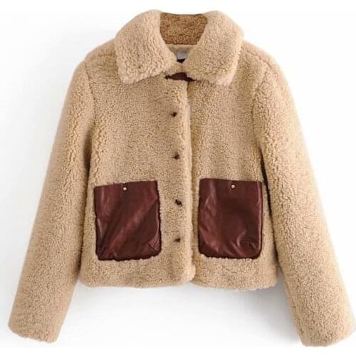 Nice Casual Woman Camel Oversized Patchwork Lambswool Coat Fad Vintage Ladies Autumn Warm Jacket Female Fashion Loose Outerwear