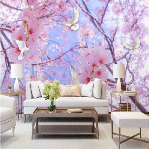 Beautiful scenery wallpapers Beautiful romantic cherry blossom white dove sky landscape background wall mural
