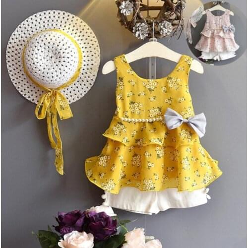 2020 Summer Baby Toddler Girls Clothing Sets Child Kids Clothes Set Ruffles Bow Pearls Floral Shirts+Short+Hat 3Pcs Suit JW3151A