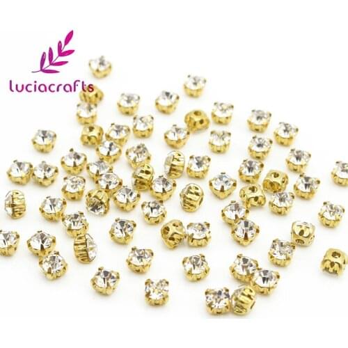 Lucia crafts 3/4/5/6/7/8/10mm Multi-pack Gold Glass claw rhinestone Sew On Rhinestones for Garment DIY Accessories G0802