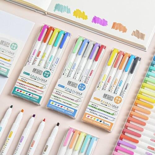 MINKYS 5pcs/lot Soft Double Head Highlighter Pen DIY Graffiti Art Drawing Key Words Marker Fluorescent Pen School Stationery