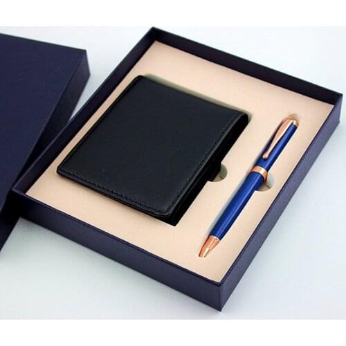 Set Office Pen Metal Ballpoint Pen With Leather card case Gift Stationery Core Automatic Ball Pen For School Office Ink Blue