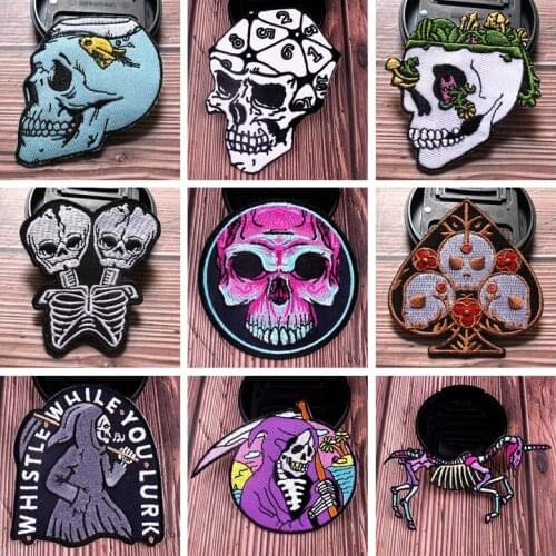 Punk Skull Iron On Patches For Clothing Patch DIY Patches On Clothes Grim Reaper Embroidery Patch Stripes Applique Accessory