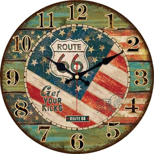 Vintage Farmhouse Wall Decor Clocks 12 Inch Silent Round Wooden Wall Clock Rustic Country Style USA Flag Route 66 Wall Watches