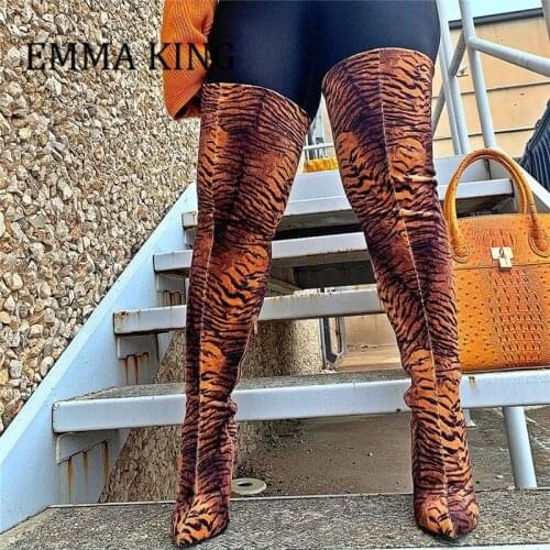 Women Leopard Print Thigh Boots Sexy Pointed Toe Over The Knee Stiletto Heel Boots Autumn Winter Lady Stretch Fabric Long Women