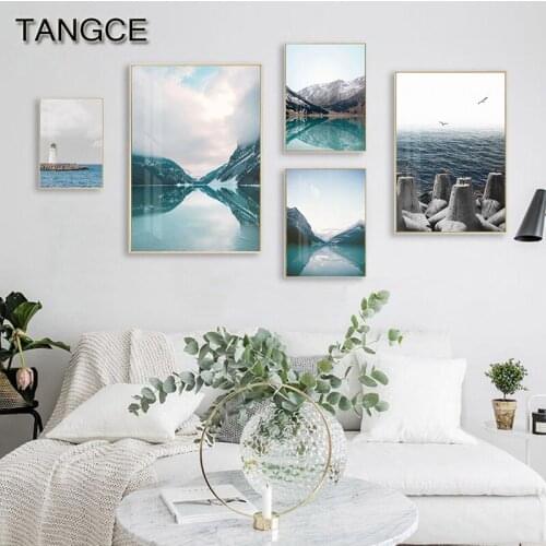Nordic Blue White Sea Canvas Painting Abstract HD Landscape Poster N Print Blue Sky Wall Art Picture for Living Room Decoration