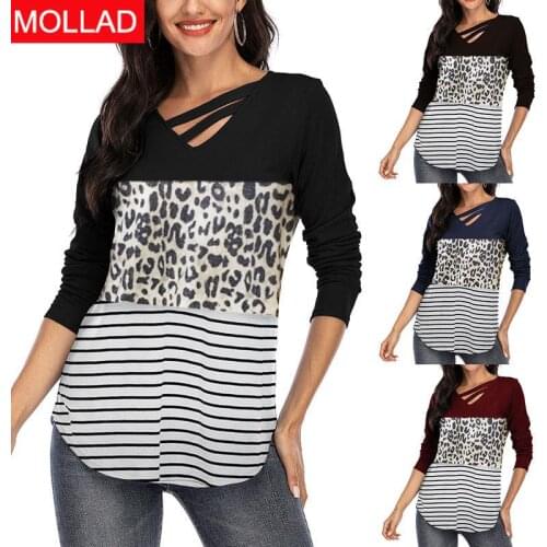 2021 Hot Sale European and American Autumn and Winter New Long Sleeve Solid Color Stitching Leopard Print Top Printed T-shirt