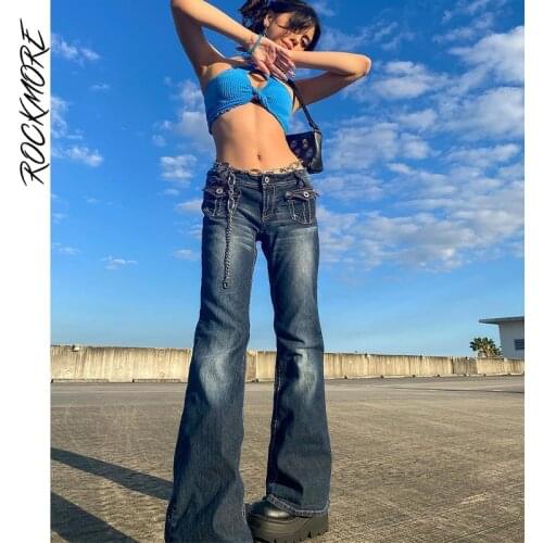 Rockmore Vintage Low Waist Jeans Women Aesthetic Wide Leg Pants E Girl Streetwear Pockets Skinny Cargo Denim Trousers Capris