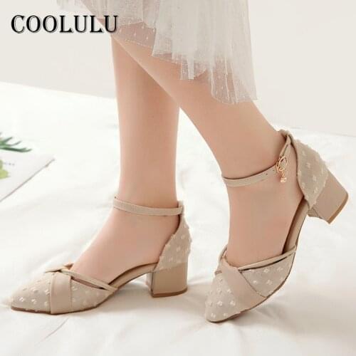 COOLULU Two Piece High Heels Ankle Strap Block Heel Women Shoes Pointed Toe Dress Pumps Buckle Strap Footwear Female Big Size 47