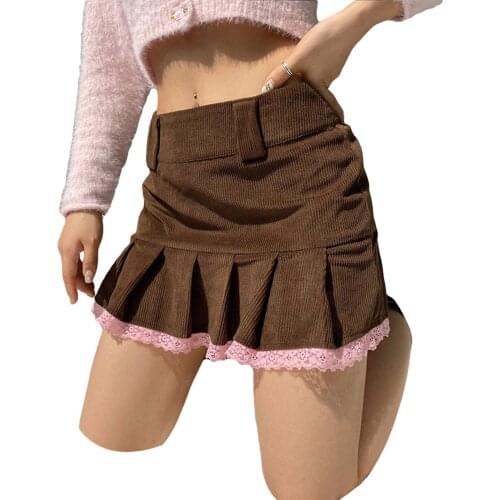 Women Vintage Corduroy Skirts Autumn casual Fashion Flounce Stitching High-waist Pleated Short Skirts