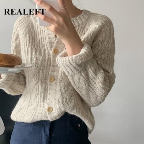 REALEFT Autumn Winter 2021 New Women Cardigan Single Breasted Solid Twist Retro Long Sleeve Chic Knitwear Casual Sweater Female
