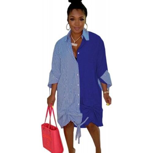 Striped African Shirt Dress Women Full Sleeve Drawstring Loose Knee Length Robes Fashion Patchwork Streetwear African Dress 2021