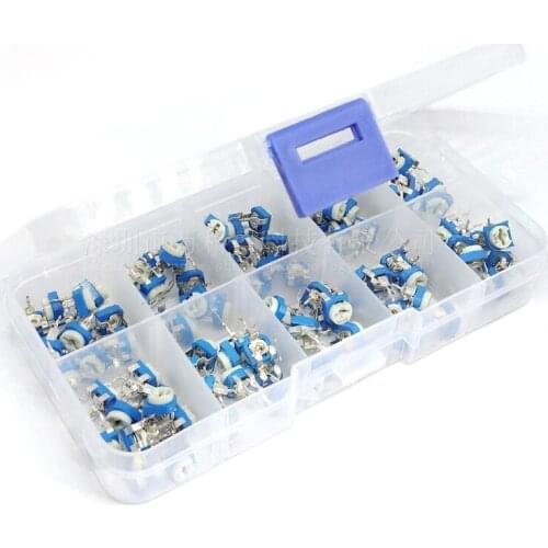 100Pcs/Box RM065 Carbon Film Horizontal Trimpot Potentiometer Assortment Kit 10 Values Variable Resistor 500R - 1M