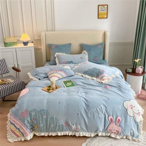 2020 Luxury Flannel Velvet Cartoon Bedding Set Warm Fleece Duvet Cover Bed Sheet Pillowcases Twin Queen King Size 3/4/5 Pcs