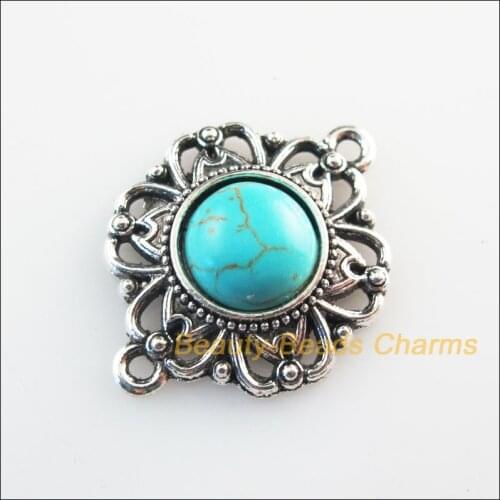 8 New Retro Charms Tibetan Silver Color Stone Flower Round Connectors 21.5x28mm