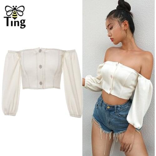 Tingfly Summer Knitted Cute Short Tops Summer Sexy Cold Shoulder Boat Neckline Short Tops Blouse Streetwear Fashion Top Clubwear
