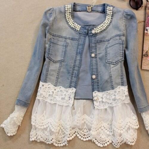 Fashion Casual Women Denim Jacket Long Sleeve Lace Jeans Jackets Female Large Size S-5XL Jean Coat Streetwear Ladies Overcoat