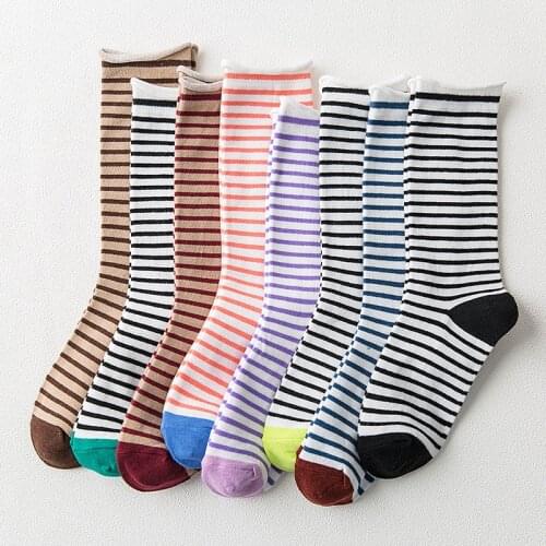 Fashion New Cute Girls Korean Curled Striped Socks Women Literary Cotton Retro Rainbow Harajuku Kawaii Funny Soft Long Socks