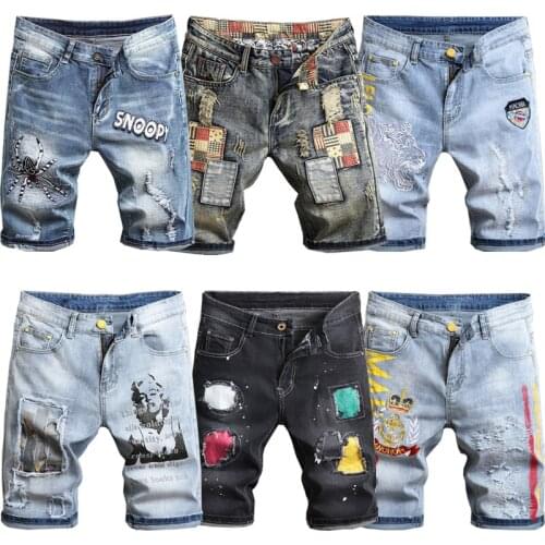 Hip hop denim shorts men summer Five points jeans fashion High Quality Elastic Slim Hole printing pattern patchwork jeans male