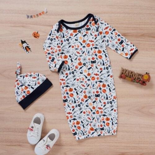 2 Pcs Newborn Halloween Printed Outfits, Infant Long Sleeve Round Neck Sleeping Sack + Knotted Cap Spring Autumn