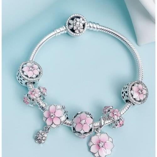 Original 925 Sterling Silver Strand Bracelets Enamel Magnolia Bloom Duo With Crystal Beads Fit fashion Bracelet Diy Jewelry