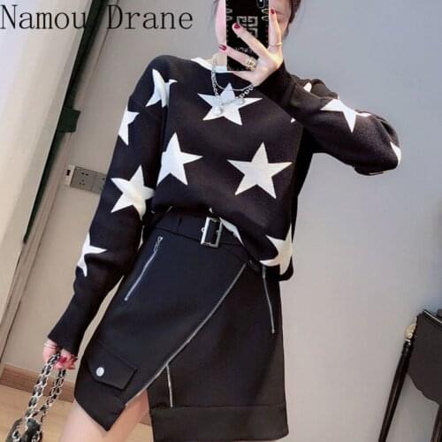 Fall Winter Womens Sweater O-Neck Black White Star Pullover Knitting Sweaters Warm Long Sleeve Casual Jumper Female