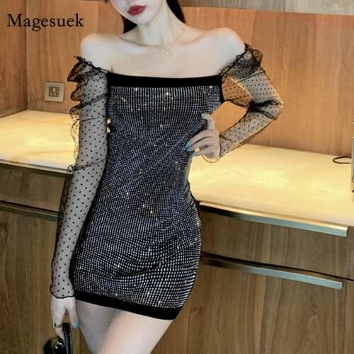 Autumn Mesh Stitching Dress New Shiny Diamond Polka Dot Fashion Slim Bodycon Dress Korean Sexy Long Sleeve Dress for Women 12999