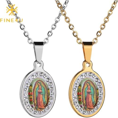 FINE4U N659 Virgen de Guadalupe Medal Pendant Necklace Stainless Steel Virgin Mary Miraculous Medallion Necklace