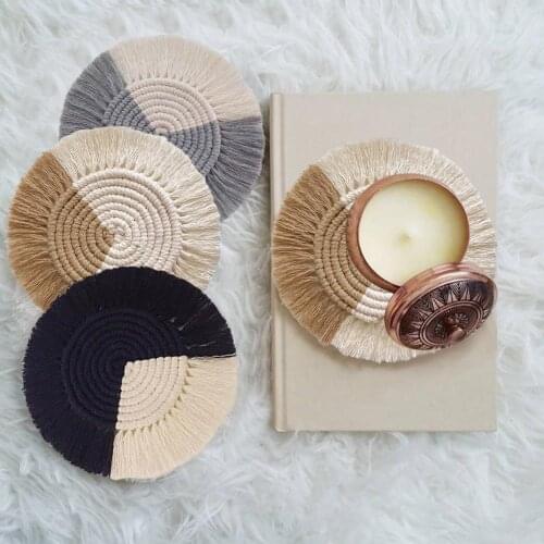 Macrame Placemats Cup Mat Coaster Handwoven Europe Style Cotton Braid Heat Insulation Reusable Cup Pad Mat for Home Office Decor